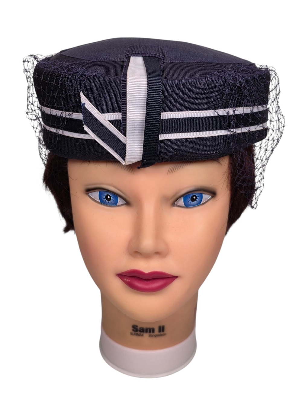 Vintage 1960s Navy Blue Pillbox Hat Veil Netting Bow Union Made USA Mid Century